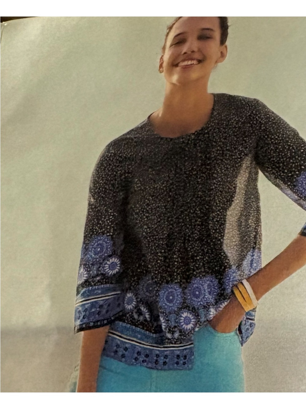 Boden Navy and Light Blue Printed Long Sleeve Blouse